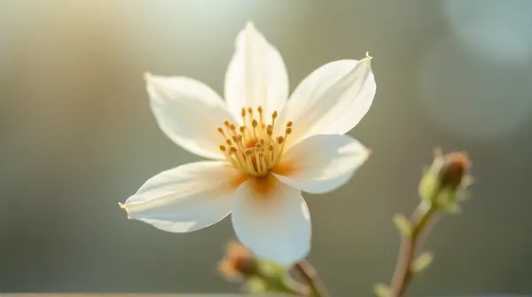 Macro shot of a pale blossom with soft lighting highlighting delicate petals against a blurred background.