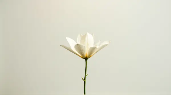 A single pale blossom with detailed veining in a minimalist environment under soft lighting