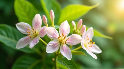 Pale Blossoms Against Lush Green Leaves