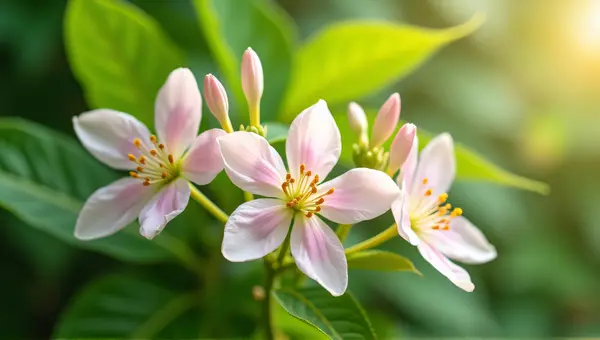 Pale Blossoms Against Lush Green Leaves