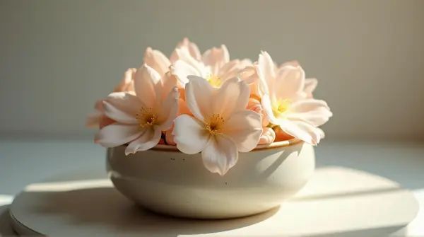 Cluster of pale blossoms arranged in a smooth ceramic container with gentle ambient lighting and shadows.