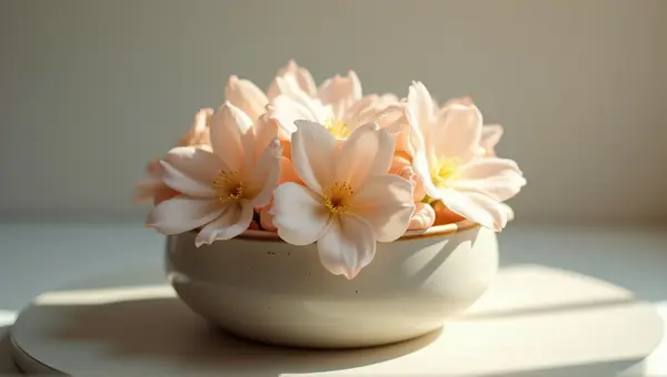 Pale Blossoms In Ceramic Container With Soft Lighting