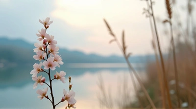 Pale Blossoms Near Quiet Lake With Reeds