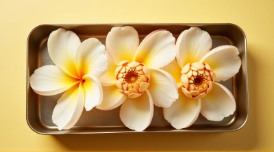 Pale Blossoms In Rectangular Metallic Container