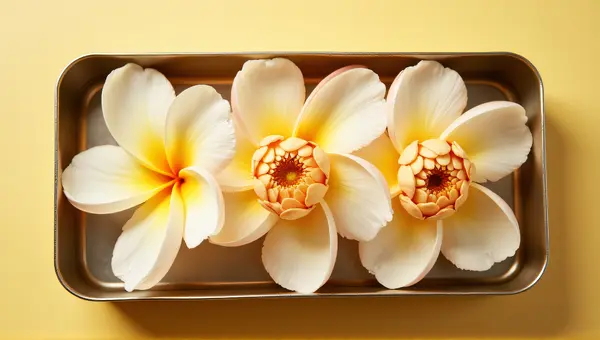 Pale Blossoms In Rectangular Metallic Container