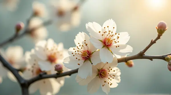 Clusters of pale blossoms unfolding on slender branches with soft bokeh background and gentle lighting