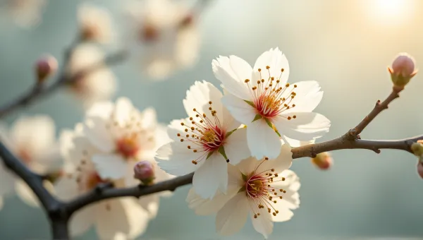 Pale Blossoms On Slender Branches With Soft Light