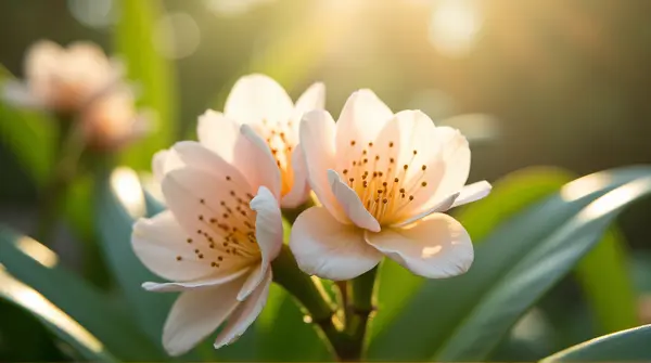 Close-up of pale blossoms with soft rounded petals among lush leaves and gentle shadows in garden.