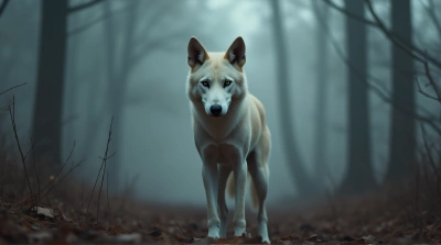 Pale Canine With Piercing Eyes In Misty Clearing