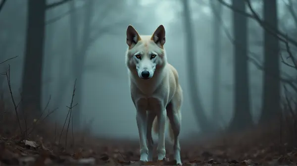 A pale canine with striking eyes stands quietly in a misty woodland clearing with soft light around.