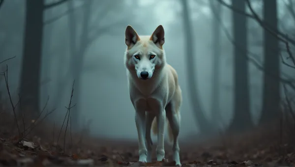 Pale Canine With Piercing Eyes In Misty Clearing