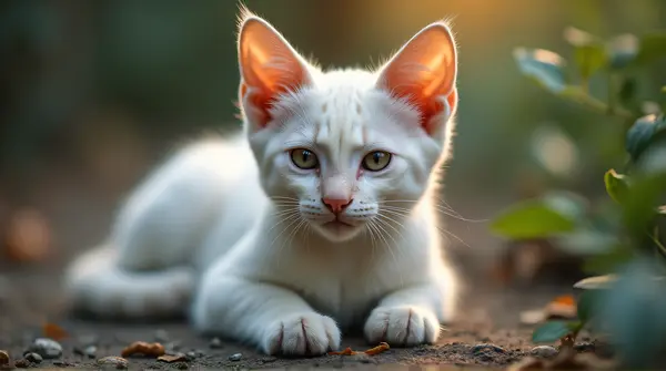 A pale cat resting peacefully on a soft textured surface with warm ambient light and blurred natural surroundings.