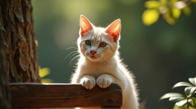 Pale Cat Resting On Mahogany Bench Outdoors