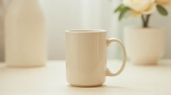 Pale Ceramic Mug On Light Matte Surface