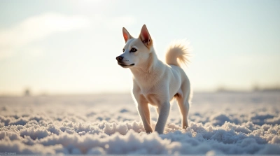 Pale Dog On Frosty Ground Under Bright Sky
