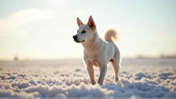 Pale Dog On Frosty Ground Under Bright Sky