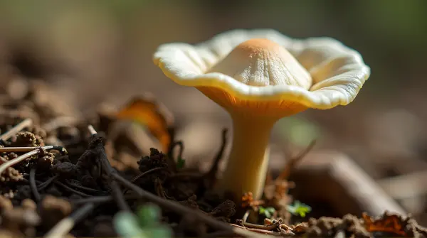 Close-up of pale fungus sprouting beside scattered brittle foliage on textured earthy ground