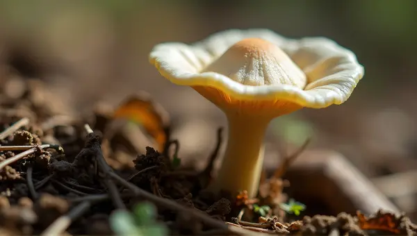 Pale Fungus Sprouting On Earthy Ground Texture