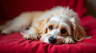 Pale Long-Haired Dog Resting On Red Fabric