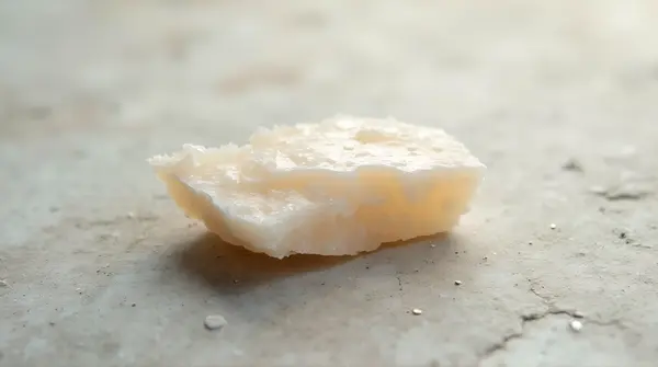 Small pale mineral shard with jagged edges resting on a mottled background under soft light