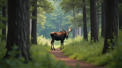 Pale Moose Standing Among Leafy Woodland Trees