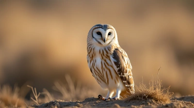Pale Owl On Earthy Vegetation In Soft Light