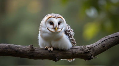 Pale Owl Resting On Rustic Wood Limb