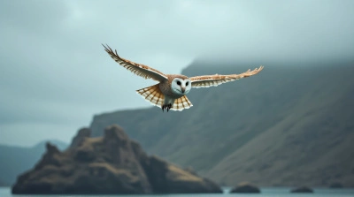 Pale Owl Soaring Above Rugged Cliffside