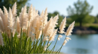 Pale Pampas Grass Swaying Near Tranquil Pond