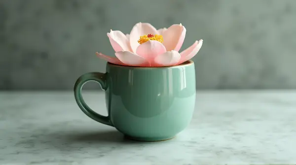 Close-up of a pale pink blossom resting on a glossy jade ceramic mug on a minimalist stone countertop