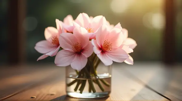 Pale Pink Blossoms In Glass Container On Wood
