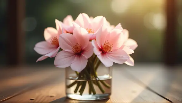 Pale Pink Blossoms In Glass Container On Wood