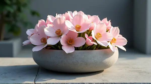 Pale Pink Blossoms In Gray Stone Planter