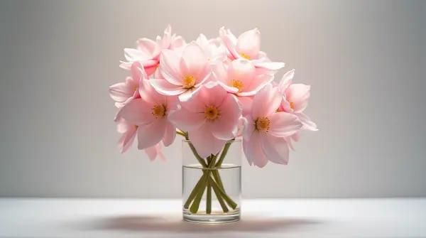 Cluster of pale pink blossoms in a clear container with soft ambient lighting highlighting delicate petals.