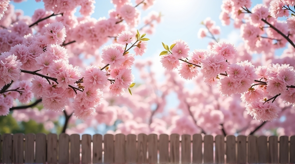 Pale Pink Flowering Tree Limbs Over Wooden Fence