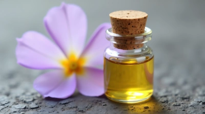 Pale Purple Blossom Beside Golden Essential Oil Vial