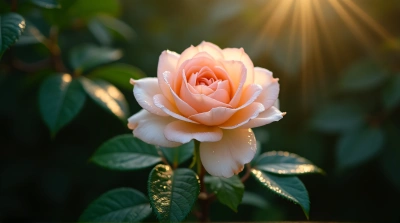 Pale Rose Bloom With Dewdrops In Morning