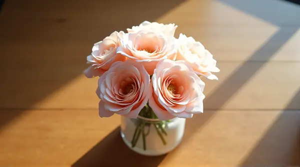 Pale Rose Blooms In Cylindrical Vase On Wood