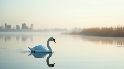 Pale Swan Swimming On Glassy Lake At Sunrise