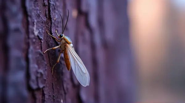 Pale Winged Insect On Violet Tree Trunk Texture