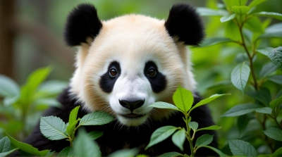 Panda Amid Colorful Tropical Foliage Contrast