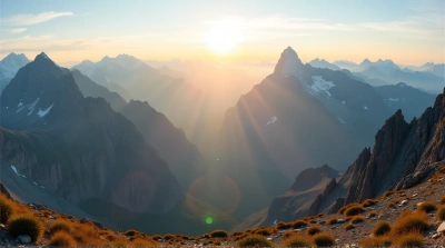 Panoramic Mountain Peaks With Sunlit Ridges