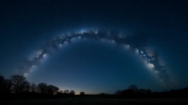 Wide panoramic view of a glowing star band across a dark sky framed by tree silhouettes on the horizon.