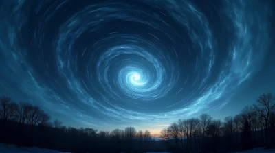 Panoramic Spiral Sky Over Silhouetted Trees