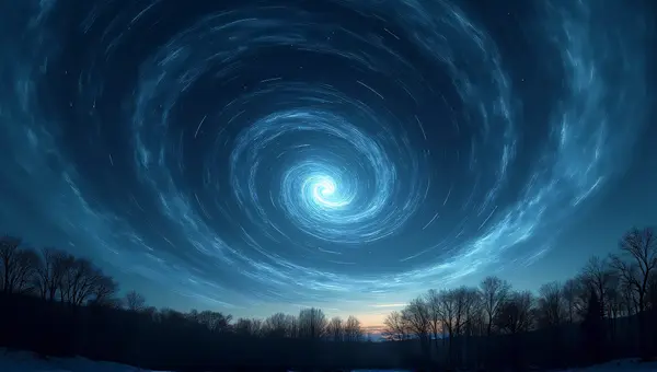 Panoramic Spiral Sky Over Silhouetted Trees