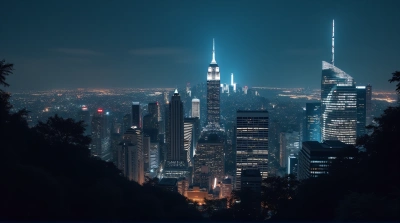 Panoramic View Of Illuminated Tall Buildings At Dusk