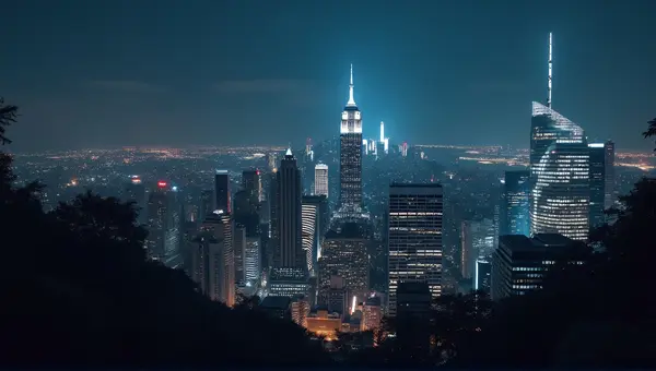 Panoramic View Of Illuminated Tall Buildings At Dusk