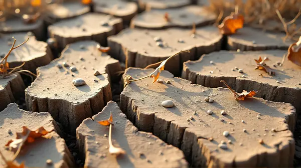 Close-up of fragmented dry ground with deep cracks, pebbles, sparse grass, and dead leaves scattered around.