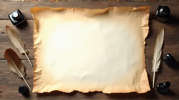 Parchment Paper and Quills on Wooden Table