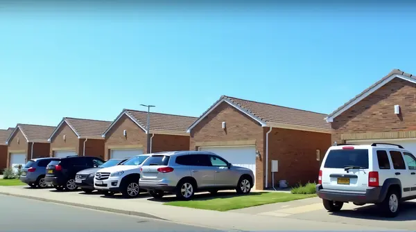 A row of cars parked beside brick houses under a clear blue sky, viewed from a low-angle perspective.